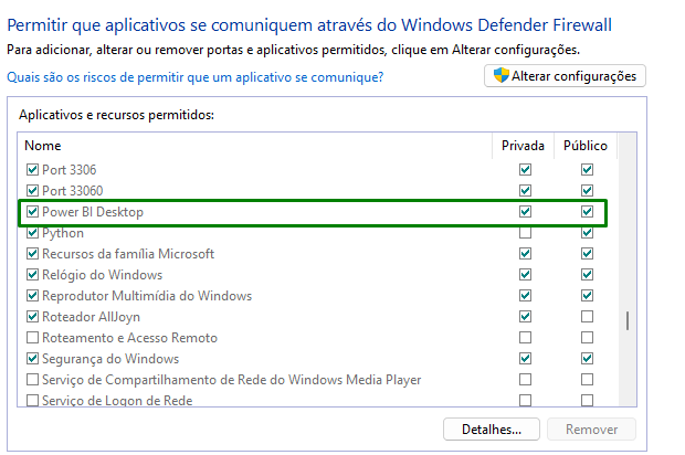 Captura de tela mostrando a janela do windows defender firewalls com a ferramenta power bi com acesso, tendo as suas caixas de privado e público marcadas 