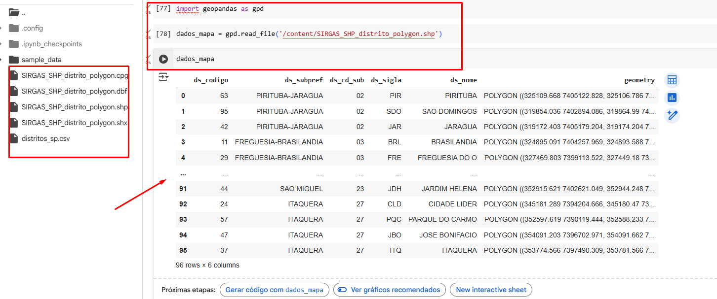 Captura de tela mostrando o notebook colab com os arquivos usados em aula carregados e o código de importe do geopandas e a leitura do arquivo json shp executados.