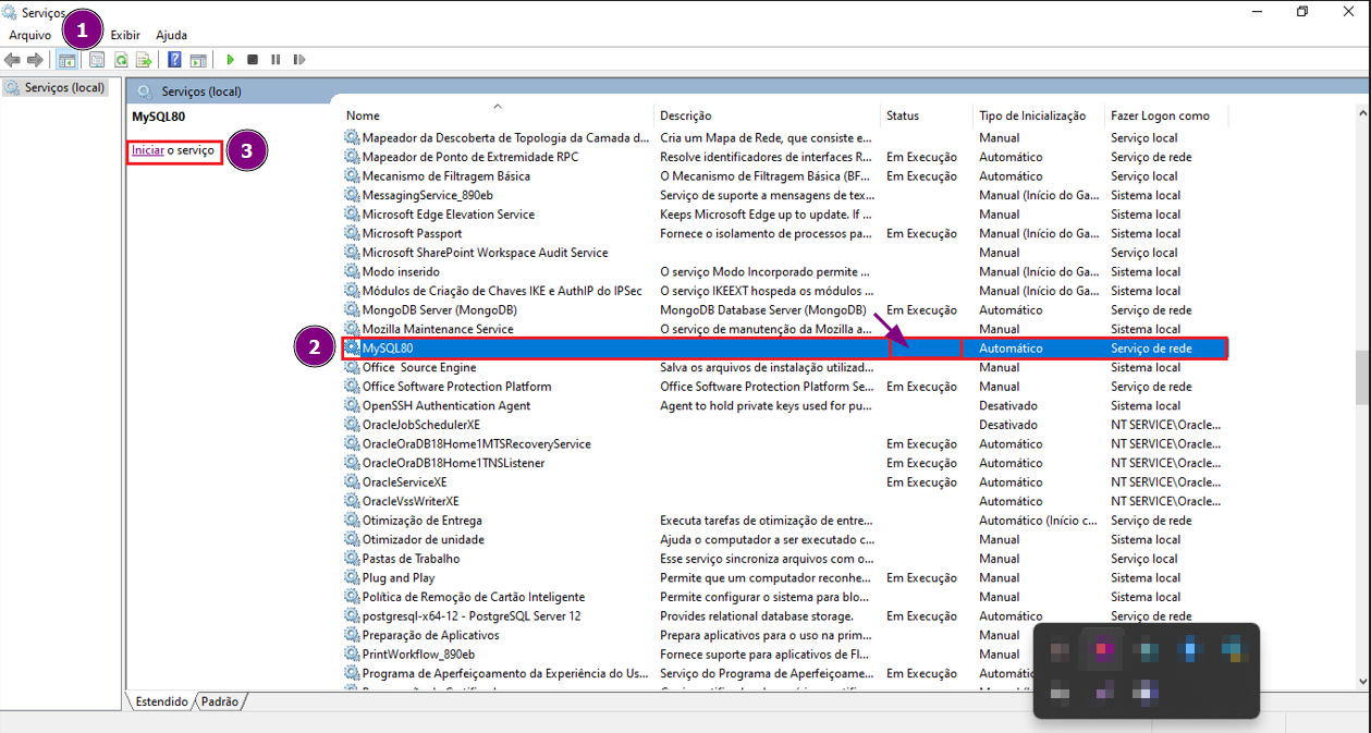 Print que ilustra a verificação dos serviços do MYSQL que não está em execução, representado pela bolinha 2. E ao clicar em Inicia, bolinha 3, a conexão se estabelece.