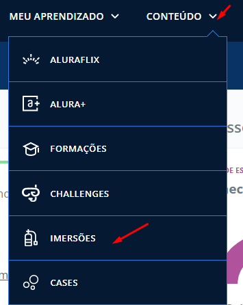 Recorte da imagem das abas "Meu Aprendizado" e "Conteúdo" no perfil do aluno na plataforma da Alura. A aba "Conteúdo" está selecionada e destacada por uma seta vermalha, mostrando suas opções em uma coluna abaixo: Aluraflix, Alura+, Formações, Challenges, Imersões destacada por uma seta vermelha e Cases.