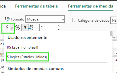 Captura de tela do software PowerBI, mostrando a guia ferramentas de medida aberta, após o faturamento total estar selecionado. Para editar o valor do seu simbolo na seção formtação, mudando para o $ ingles Estados Unidos