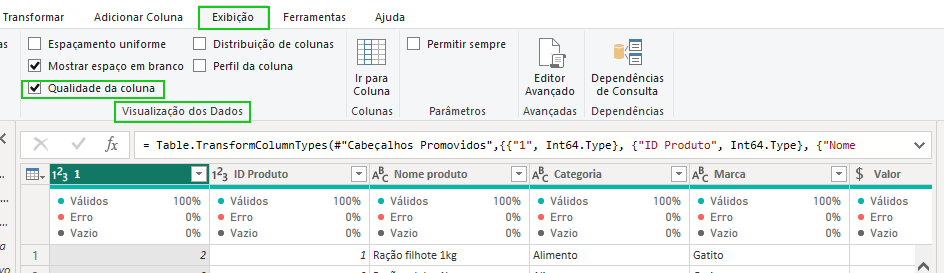 Captura de tela mostrando a guia execução, a faixa de opções chamada visualização de dados e a caixa de marcação qualidade da coluna marcadas e selecionadas no power query para poder ativar a faixa de detalhes da tabela. 