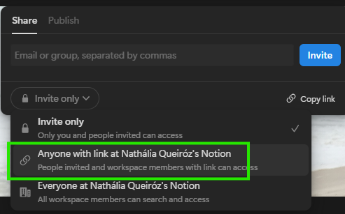 Captura de imagem mostrando as configurações de compartilhamento do notion, tendo como destaque a opção que qualquer pessoa com o link pode acessar a página. 