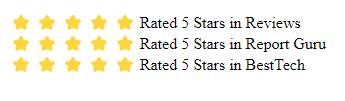 Inicio da transcrição. Imagem com o fundo branco com 5 estrelas amarelas uma ao lado da outra com a frase "Rated 5 stars in reviews" repetindo uma debaixo da outra 3 vezes.