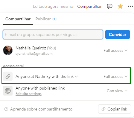 Captura de tela mostrando o modo de compartilhar no Notion. Temos uma imagem de fundo branco com as guias compartilhar e publicar, a compartilhar está selecionada. Abaixo temos um campo para digitar o email ou grupos e ao lado um botão azul escrito convidar. Depois temos o perfil do dono da conta. E abaixo informações sobre acesso geral, com a primeira opção sendo anyone at Nathrixy with the link full access, destacado por um quadrado verde. E no canto inferior um botão de compartilhar.
