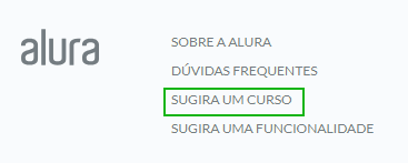 Captura de tela mostrando a localização da funcionalidade sugira um curso que está no final da página do site no canto inferior esquerdo. Essa funcionalidade é um formulário para ser preenchido com o curso que deseja ver na plataforma.