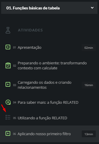 Captura de tela mostrando os módulos da aula, que ficam no canto esquerdo. Tendo como destaque uma atividade sem fazer.