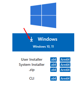 Captura de tela mostrando a opção de instalação do VS CODE que esta no site disponibilizado em aula. Na imagem contem o logo do windows em azul, logo abaixo um quadrado azul escrito Windows e com uma seta branca apontando para baixo, sinalizando o download. Abaixo do botão temos as versões disponiveis como: User installer,.zip e CLI.