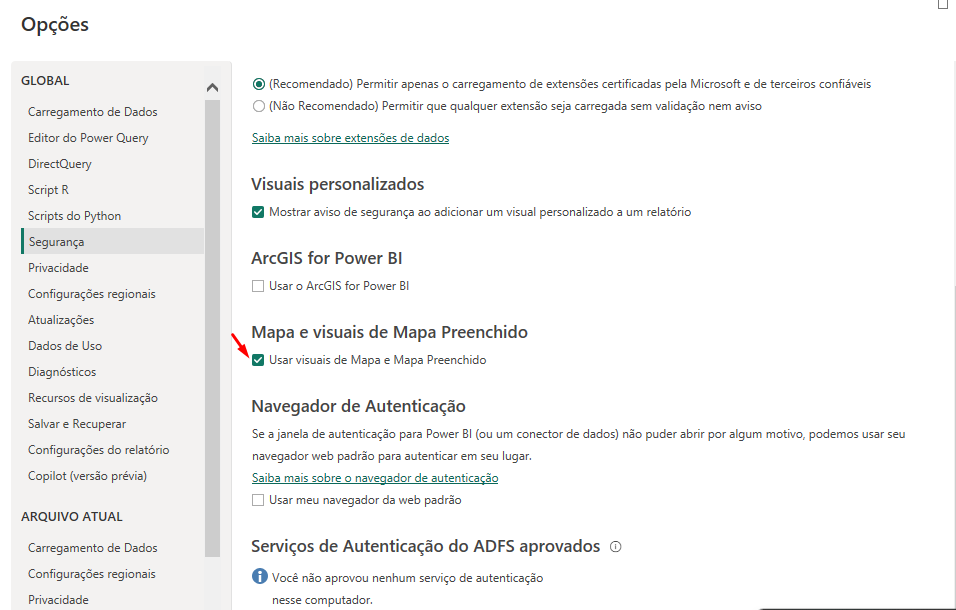 Captura de tela mostrando a aba de Segurança que está dentro de configurações, dando ênfase a caixa demarcada de Mapas e visuais de Mapa Preenchido