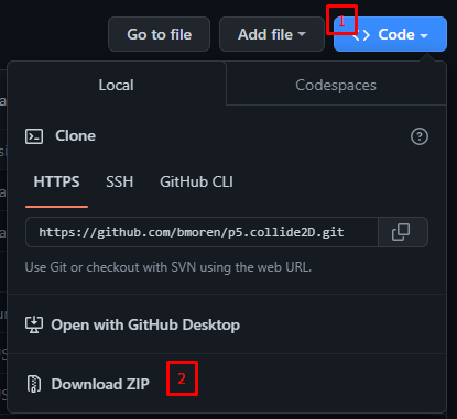 Recorte de imagem do Github, com a aba de código destacado por um quadrado vermelho com o número um e a opção "Download zip" destacado por um quadrado vermelho com o número dois.