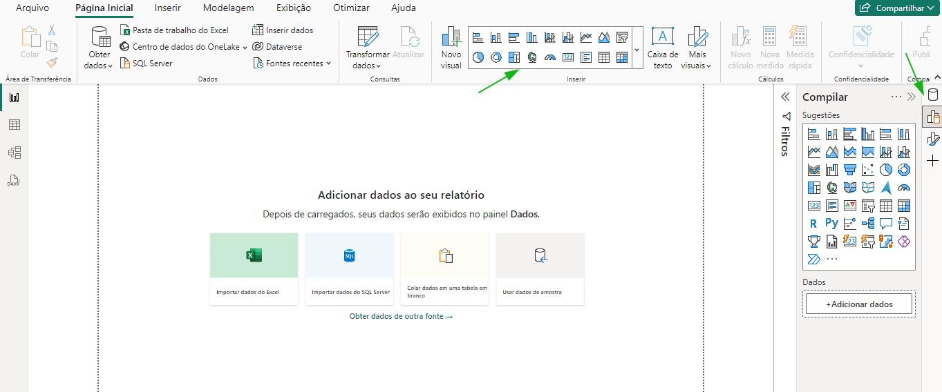 Captura de tela da página inicial do power bi, destacando a seção inserir que está na guia inicial no menu superior. E na lateral extrema-direita temos os ícones das funcionalidades de dados, compilar, formato e personalizar. Também destacado por uma seta verde. Indicando que a atualização foi concluída com sucesso