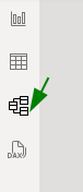 Captura de tela do power bi mostrando o menu de ícones da lateral esquerda, na sequência: exibição de relatório, modelo de exibição de tabela, exibição de modelo que está destacado com uma seta verde e visualização dax.