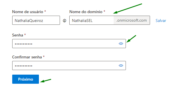 Captura de tela mostrando os dados de login criados para a conta.