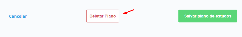Recorte da imagem do rodapé da página do plano de estudos. Com os botões de cancelar, deletar plano que está destacado por uma seta vermelha e salvar plano de estudos, todos clicáveis.
