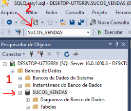 Print do servidor SQL mostrando o banco de dados SUCOS_VENDA selecionado antes de executar a query.