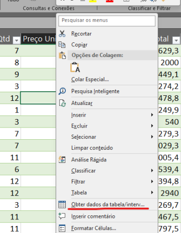 Captura de tela mostrando a opção de obter dados da tabela/ intervalo como mencionado anteriormente.