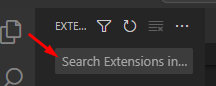 Recorte de um print da tela do VS Code, com uma seta vermelha indicando o campo busca escrito “Search Extensions”.
