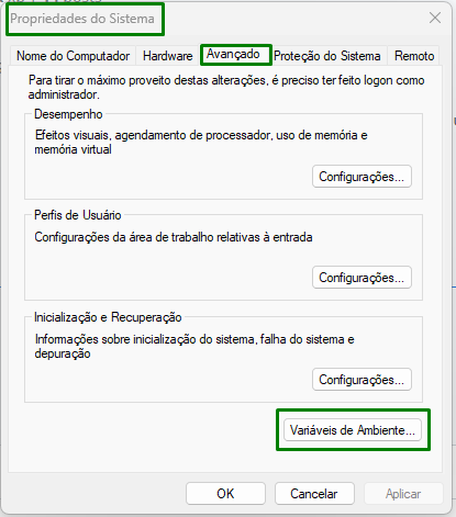 Captura de tela mostrando as janela de propriedades do sistema com a aba avançando destacado de verde e o botão de variáveis de ambiente também. 