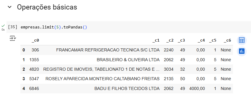 Captura de tela mostrando a tabela depois de rodar o codigo para retornar as 5 primeiras linhas do dataframe