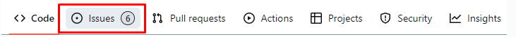 Recorte de captura de tela do repositório do Github, em que a segunda opção está demarcada por uma sombra cinza e por um retângulo vermelho, escrita "Issues". Antes dela há a opção "Code", e após ela, "Pull requests", "Actions", "Projects", "Security" e "Insights".
