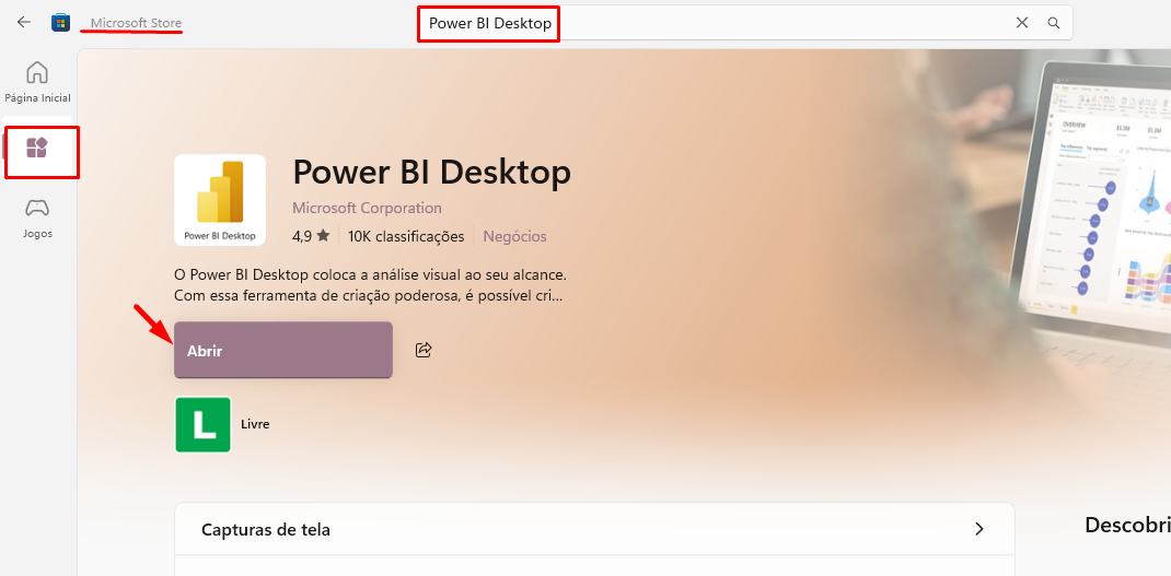 A imagem mostra a página da Microsoft Store com o aplicativo "Power BI Desktop" destacado. No topo, há o título "Power BI Desktop" da Microsoft Corporation, com uma classificação de 4,9 estrelas baseada em 10 mil avaliações. A descrição menciona que o Power BI Desktop oferece uma análise visual do desempenho e é uma ferramenta poderosa para criação de relatórios. Há botões de "Abrir" e "Livro" na interface, com um fundo que inclui uma pessoa usando um laptop exibindo gráficos. A barra lateral à esquerda contém opções como "Página inicial", "Jogos" e "Capturas de tela".