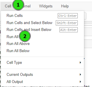 Captura de tela ilustrando os passos mencionados anteriormente para executar todas as celulas do notebook no jupyter. No menu principal superior, clique em Celulas e depois em Executar tudo.