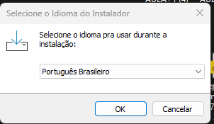 Captura de tela mostrando a tela que pede para selecionar o idioma para usar durante a instalação. O português está selecionado.
