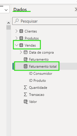 Captura de tela do software PowerBI,, mostrando o campo de visualização de Dados que está na laterial direita da tela, após o passo descrito anteriormente. A tabela vendas está selecionada de verde e com o seu menu expandido e, dentro das opções, o faturmante total está selecionado e marcado por um retângulo verde.