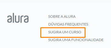 Captura de tela ilustrando o local no qual a funcionalidade sugira um curso está localizada, que é no canto inferior esquerdo do site da Alura. 