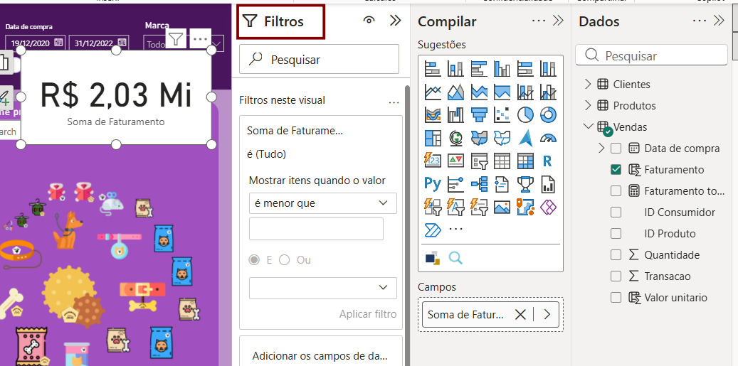 Imagem do Power BI com um cartão exibindo o faturamento total de R$ 2,03 milhões. À direita, o painel Filtros está aberto para configurar filtros do visual, e ao lado aparecem os painéis Compilar e Dados, com a tabela Vendas expandida e o campo Faturamento selecionado.