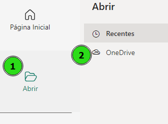 Captura de tela da janela inicial do Power BI, ilustrando que para importar um conjunto de dados que está no One Drive, precisa clicar em Abrir e depois OneDrive.