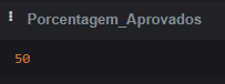 Captura de tela mostrando o retorno recebido após executar a consulta descrita anteriormente que calcula a porcentagem de alunos aprovados em geral.Na imagem possui um titulo chamado Porcentagem_Aprovados e na linha abaixo o número 50.