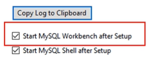 Captura de tela mostrando as duas opções que aparecem no final da instalação do MySQL Workbench: Start MySQL Workbench after Setup e Start MySQL Shell after Setup, sendo a primeira destacada por um retângulo vermelho. A duas opções estão habilitadas.