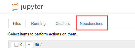 Captura de tela realizada quando o Jupyter Notebook foi no navegador, destacando a aba Nbextensions que atualizou ao lado das abas: Files, Running e Clusters.