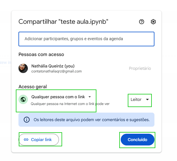 Captura de tela de compartilhamento do google colab destacando as configurações de leitura do notebook