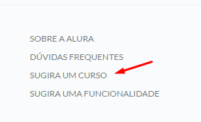 Print mostrando o final da página onde contém a opção "Sugira um curso" para o aluno preencher o formulário e enviar a sugestão.