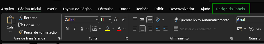 Captura de tela do menu principal do Excel, com a aba Design de tabela destacado por um retângulo verde.