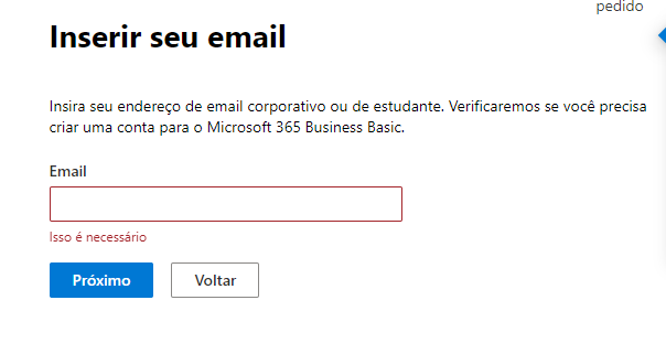 Captura de tela mostrando o segundo passos de inserir seu email para fazer uma conta na microsoft365.