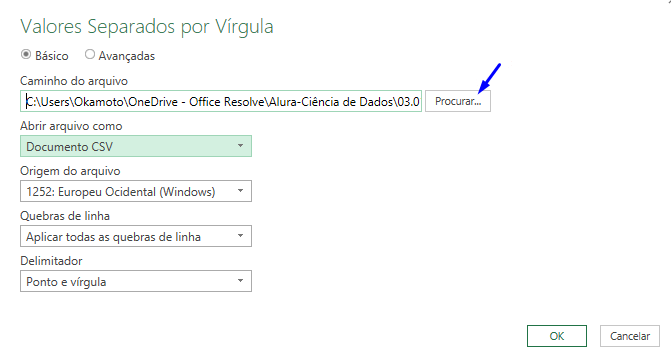 Captura de tela ilustrando a janela de Valores Separados por Vírgula,  o botão está PROCURAR destacado por uma seta azul, para procurar o caminho do arquivo como dito anteriormente.