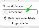 Captura de tela mostrando a seção de propriedades e nome da tabela referente a guia Design de tabela no excel.