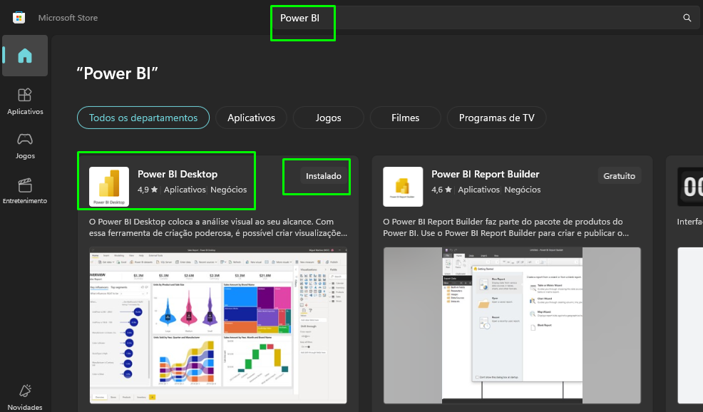 Imagem da Microsoft Store exibindo os resultados da busca por "Power BI". O aplicativo Power BI Desktop está em destaque, com avaliação de 4,9 estrelas e marcado como instalado. Ao lado, aparece o Power BI Report Builder, com avaliação de 4,6 estrelas e opção gratuita.