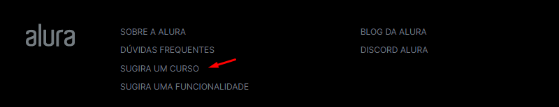 Recorte de uma imagem do rodapé do site da Alura, no canto esquerdo temos a logo “alura”, ao lado uma coluna de frases clicáveis. Essas frases são: Sobre alura, dúvidas frequentes, sugira um curso que está destacado por uma seta vermelha e sugira uma funcionalidade. E no canto direito temos duas frases uma embaixo da outra, também clicáveis, escrito: Blog da Alura e Discord Alura.