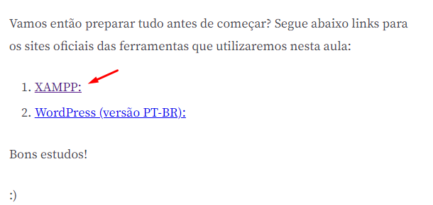 print da atividade preparando ambiente, mostrando o XAMP linkado para download, destacado por uma seta vermelha.