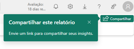 Captura de tela motrando o botão compartilhar no canto superior direito do painel de relatório no power bi online. 