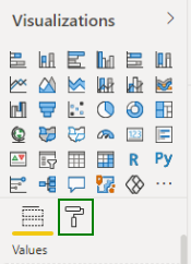 Captura de tela mostrando a aba de visulizações do power bi contendo a lista de visualizações disponíveis. E abaixo das opções temos outros botões complementares sobre visuais e formatação. A formatação está destacado de verde.