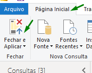 Captura de tela mostrando a faixa de opções da página inicial com destaque para o botão fechar e aplicar. Ambos estão destacados por uma seta verde.