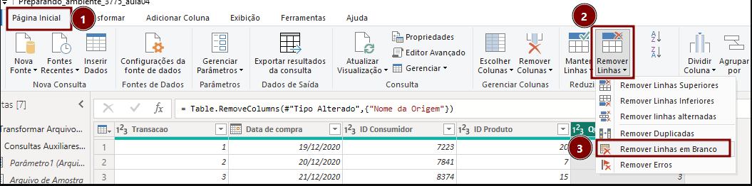 Tela do Power Query no Power BI. Na barra de ribbons superior: aba "Página Inicial" selecionada (1), com opções "Transformar", "Adicionar Coluna", "Exibição", "Ferramentas" e "Ajuda". No grupo "Gerenciar Colunas" (2), o botão "Remover Colunas" está destacado com retângulo vermelho e menu aberto mostrando "Remover Linhas" expandido. Na tabela abaixo (3), cabeçalho da coluna "Quantidade" selecionado, menu de contexto aberto com opções como "Remover Duplicatas", "Remover Linhas em Branco" (destacada) e "Remover Erros". A fórmula na barra fx mostra remoção de colunas "Tipo Alterado" e "Nome da Origem".