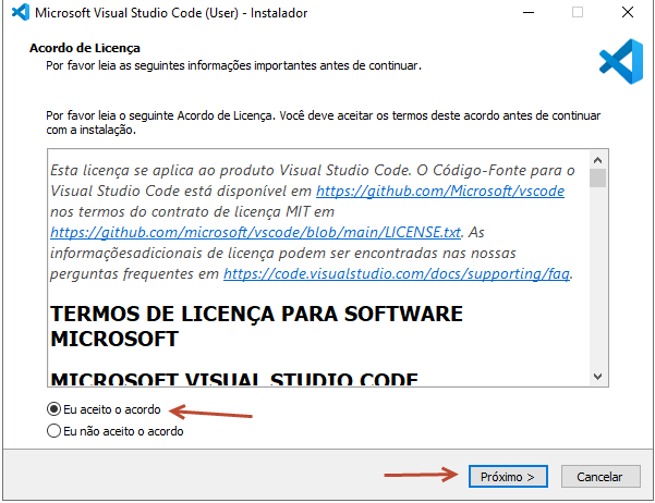 Captura de tela mostrando a janela de instalação do VS Code no momento de aceitar os termos e condições.