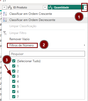 Captura de tela mostrando o menu de contexto da coluna "Quantidade" no Power BI. Ordenação: "Classificar em Ordem Decrescente" selecionada (1). Filtros de Número expandidos (2), com busca, "(Selecionar Tudo)" marcado e valores 1 a 7 todos selecionados (checks). Seta vermelha aponta para o check do número 1.