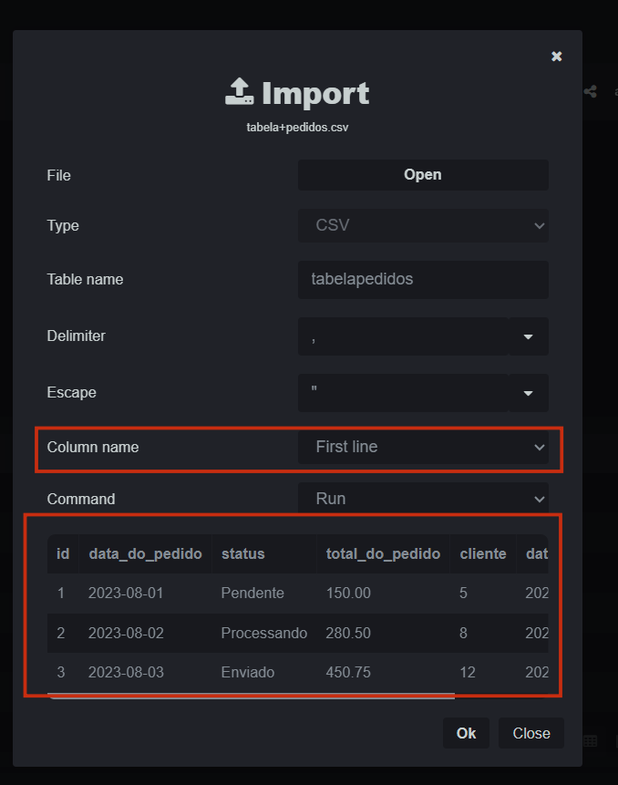 Interface escura de uma janela modal de importação de arquivo CSV com campos de configuração e uma pré-visualização de tabela.